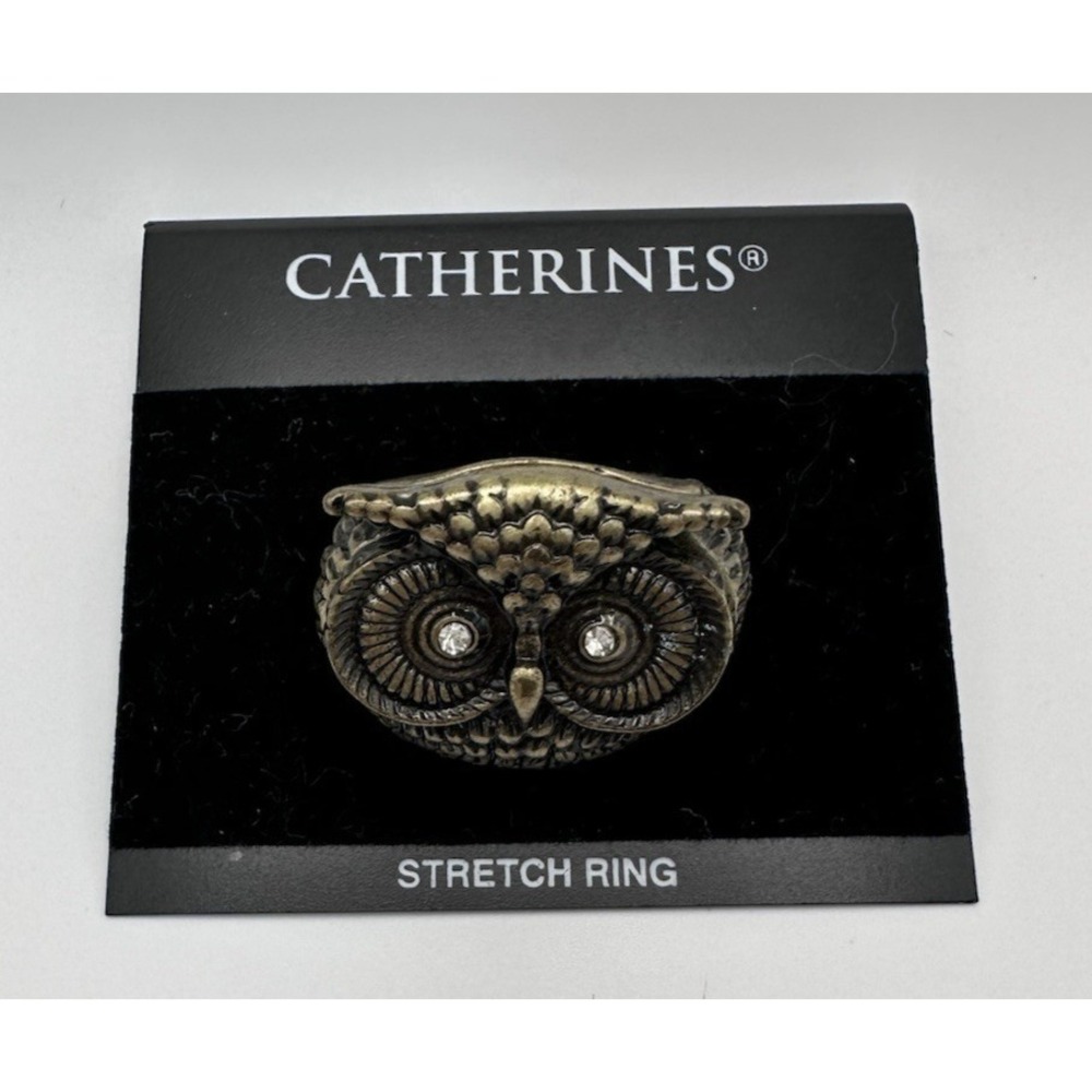 Catherines Owl Strech Ring Antique Gold Tone Rhinestone Eyes Ajustable